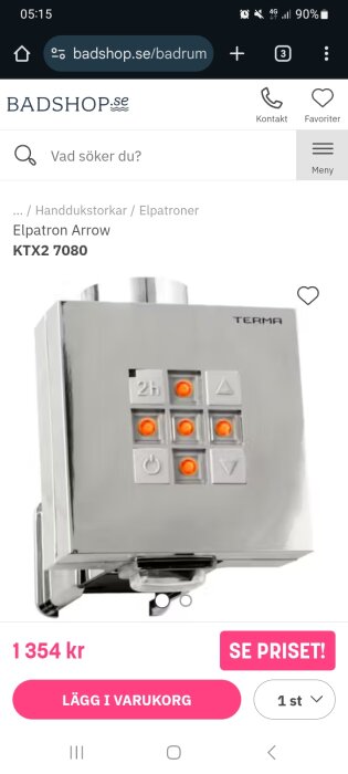 Elpatron Arrow KTX2 7080 från Terma med kontrollpanel och orange indikatorer på en webbsida från badshop.se med pris och köpknappar.