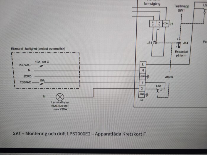 Schematisk ritning av elsystem där en LTA pump ska kopplas, visar 230VAC anslutning, jordning och larmindikator.