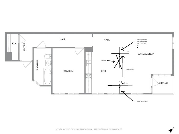 Planritning över lägenhet från 1986, med markerat område i mitten för rivning, samt pilar och texter som indikerar ändringar i kök och vardagsrum.