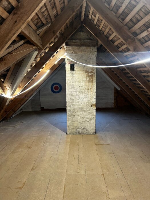 Loft med råspontgolv, synliga takbjälkar och en skorsten i mitten.