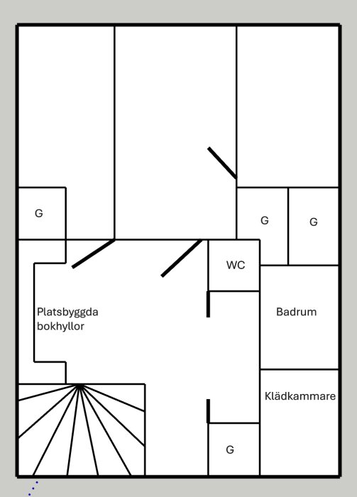 Planskiss över husets layout med markerade rum som bokhyllor, WC, badrum, klädkammare och garderober. Ej skalenlig, ritad ur minnet.