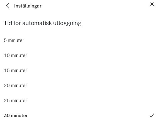 Inställningsmeny för automatisk utloggningstid i SEB "Business Arena" med alternativ från 5 till 30 minuter. 30 minuter är valt.