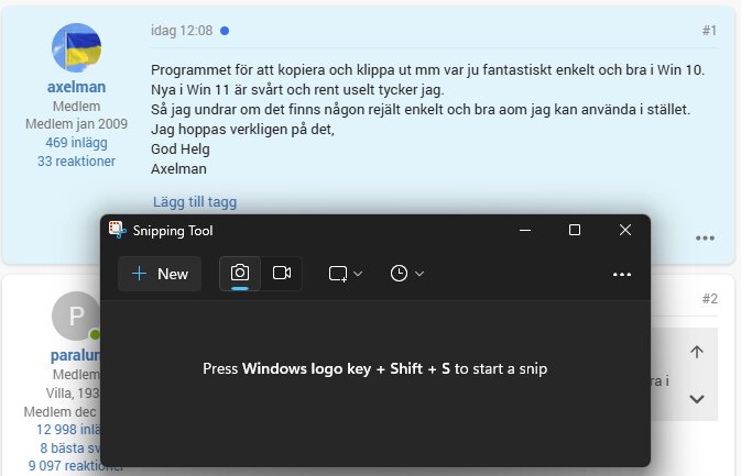 Verktygsfönster för Windows skärmklipp, visar instruktioner för skärmdump.