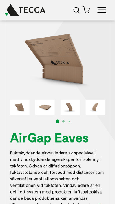 AirGap Eaves från Tecca, en fuktskyddande vindavledare i specialwell för isolering av takfoten, visas i beskrivning med bilder och logotyp.