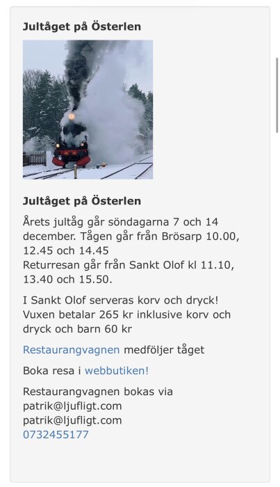 Jultåget på Österlen ångar fram på en snötäckt järnväg, tjock rök stiger upp från skorstenen mot den vintervita bakgrunden.