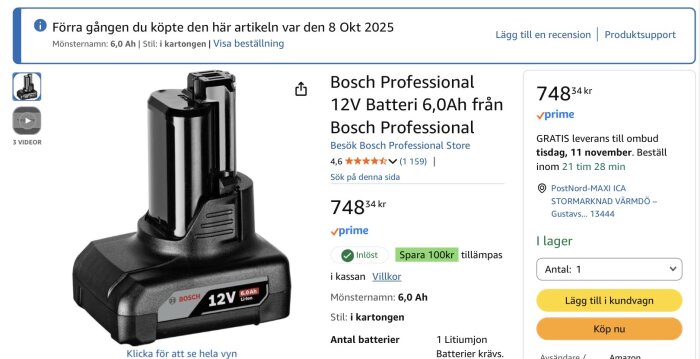 Bosch Professional 12V 6,0Ah batteri produktbild med pris och beställningsdetaljer på Amazon-webbsida, inklusive leveransinformation.