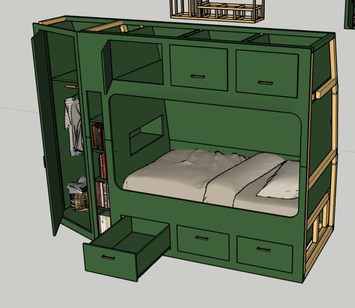 Grön inbyggd möbel med sängplats, hyllor för förvaring av böcker och kläder, samt utdragbara lådor och skåp ovanför sängen.