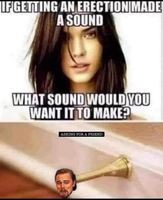 Bild med text: "If getting an erection made a sound, what sound would you want it to make?" och en bild av en dörrstopp med ansikte.
