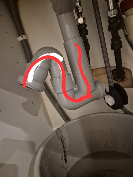 Avloppsrör under diskbänk med U-formad del markerad i rött, fråga om avlägsnande.
