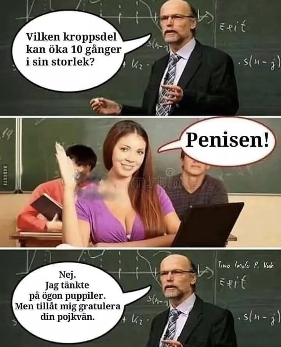 En lärare i ett klassrum frågar en fråga, en kvinnlig elev svarar.