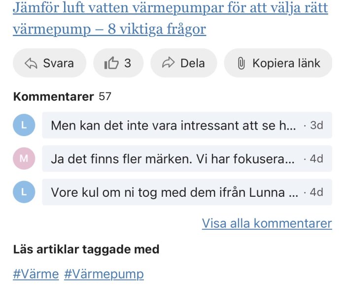 Skärmdump av kommentarsektion om luft vatten värmepumpar med 57 kommentarer, tre synliga meddelanden, och en länk för att visa alla kommentarer.