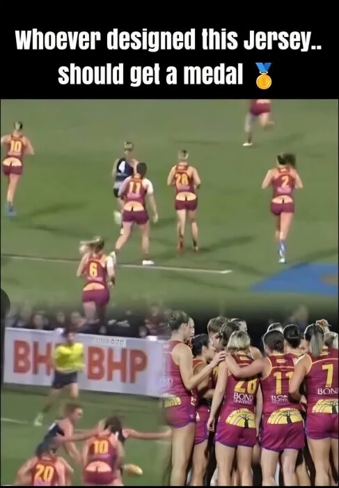 Rugbyspelare i match med ovanliga tröjdesigner som skapar illusion av rumpor, text ovanför säger "Whoever designed this Jersey... should get a medal".