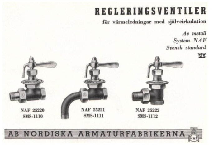 Reklamblad för regleringsventiler från AB Nordiska Armaturfabrikerna med tre olika ventiltyper för värmeledningar, alla med handtag och märkningar.
