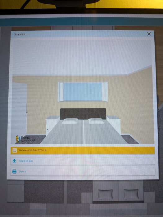 3D-ritning av ett sovrum med en dubbelsäng centralt placerad och ett stort fönster ovanför sänggaveln.