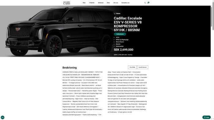 Svart Cadillac Escalade ESV V-Series V8-kompressor visas med detaljerad beskrivning och pris på bilhandlarens webbplats.