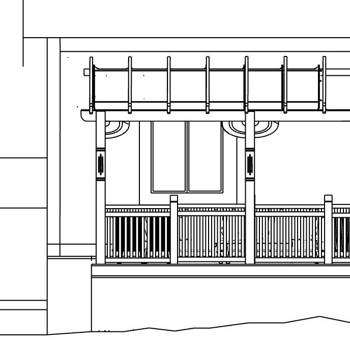 Ritning av altan med pelare, pergola och räcke, indragen cirka 70 cm från knuten enligt beskrivning från diskussionsinlägget.