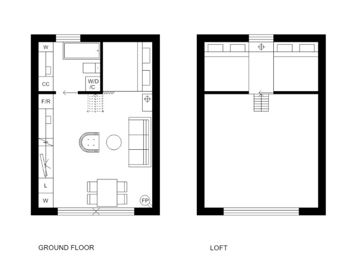 Planritning av ett Attefallshus med botten- och loftvåning, visar kök, vardagsrum och matsal på nedervåningen samt sovrum på loftet.