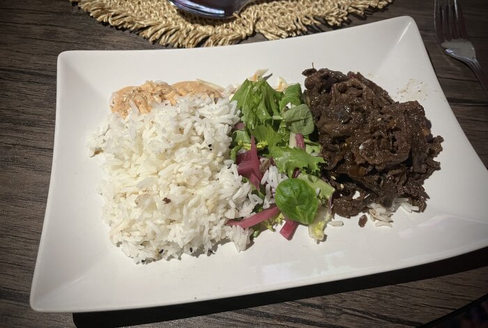 Tallrik med vit ris, grönsallad och mörkt tillagad köttbit, serverat på en träbordsmatta.