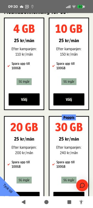 Fyra mobilabonnemang på 4, 10, 20 och 30 GB med priser från 110 kr/mån, alla med 5G och möjlighet att spara upp till 100 GB.