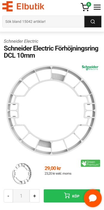 Förhöjningsring Schneider Electric DCL 10 mm visas, används för att montera distans. Produktpris 29 kr.