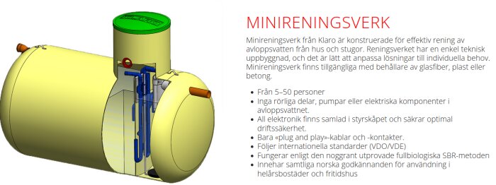Illustration av ett Klaro minireningsverk med tvådelad tank och teknisk beskrivning av systemet. SBR-metod, ingen rörlig del i avloppsreningen.