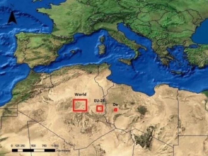Kartbild över Medelhavet och Nordafrika med tre röda fyrkanter som illustrerar energibehov för världen, EU-25 och Tyskland.