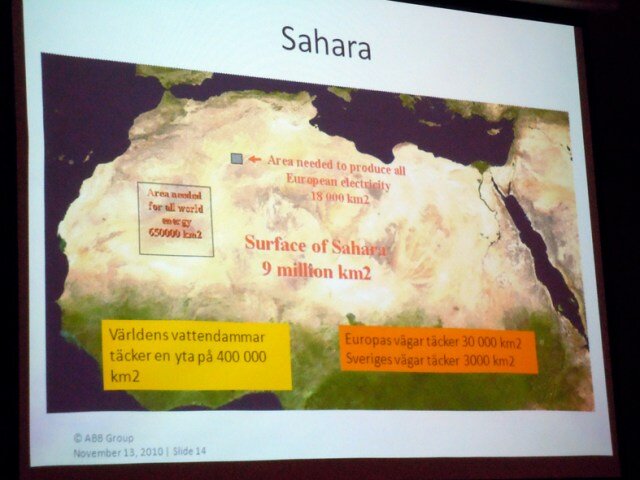 Satellitbild av Sahara med text som jämför områden: världens energibehov, EU:s elbehov, Tysklands energibehov och olika geopolitiska ytmått.