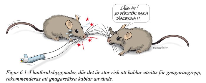Tecknade möss som gnager på en kabel i lantbruksmiljö, med pratbubbla: "Lägg av! Du förstör bara tänderna!".