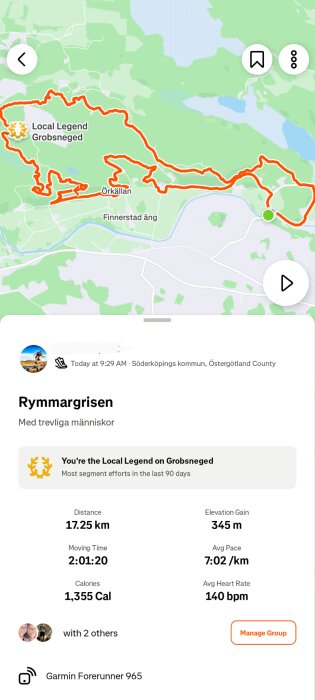 Karta över löprunda i Söderköpings kommun, markerad i rött med data: 17,25 km, 345 m höjd, 1 355 kcal, 2:01:20 tid, 7:02 min/km, 140 bpm puls.