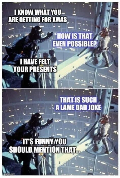 Två karaktärer i en rymdscen, en säger "I know what you are getting for Xmas" och den andra svarar med skämt om "presents" och "lame dad joke.