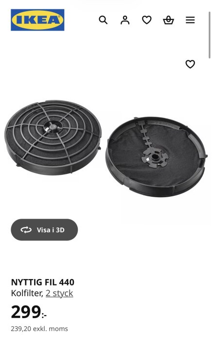 Två runda IKEA kolfilter Nyttig Fil 440 för köksfläktar, med plastgaller och fäste, bredvid varandra på vit bakgrund.