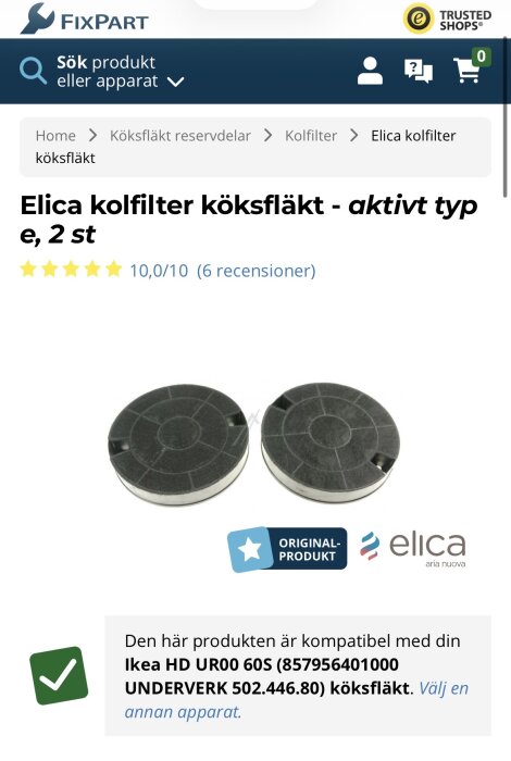 Två runda, svarta Elica kolfilter för köksfläkt modell IKEA HD UR00 60S visas tillsammans med produktinformation från FixPart.