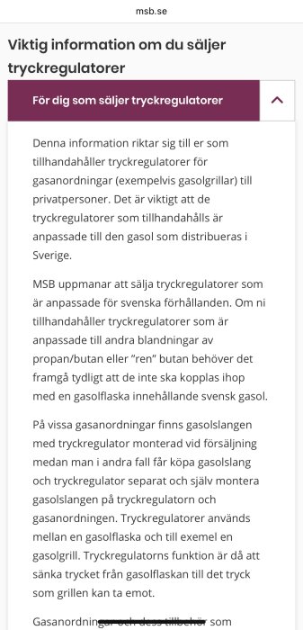 Skärmbild av MSB:s hemsida med rubriken för viktig information om försäljning av tryckregulatorer för gasanordningar.
