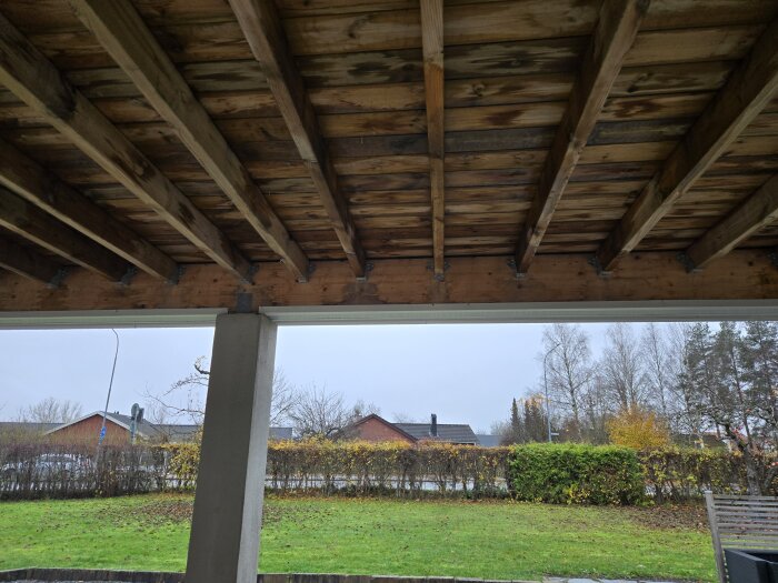 Undersida av träbjälkar och limträbalk i ett rumsbyggprojekt, fuktmärken synliga, och utsikt mot trädgård med buskar och grönska utomhus.