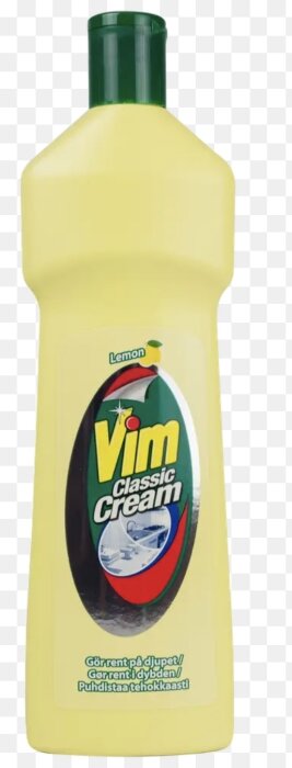Gul flaska Vim Classic Cream rengöringsmedel med citrondoft, grön kork och etikett med texten "gör rent på djupet" på tre språk.