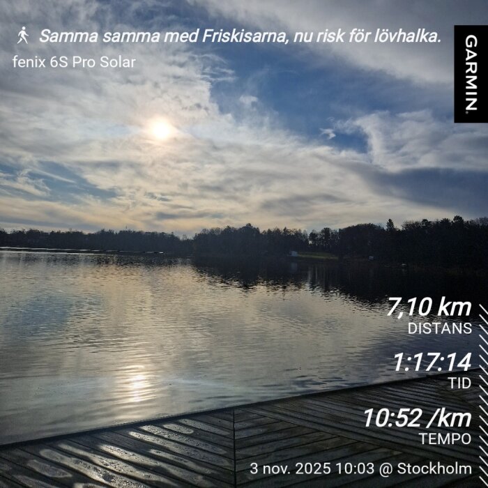 Sjölandskap med molnig himmel och solnedgång, sett från en brygga. Garmin träningsinformation på sidan om distans, tid och tempo. Stockholm, 3 nov 2025.