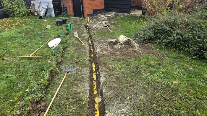 Grävd fåra i gräsmatta med verktyg och varningsband synliga. Detaljer om elinstallation och jordning diskuteras i ett renoveringsprojekt.