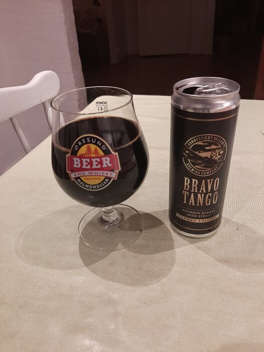 En ölburk och ett glas med mörk öl från Öresund Beer på ett bord, beskriven som lagrad på bourbonfat med smak av kaffe och sprit.