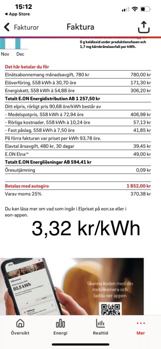 Elräkning från E.ON som listar kostnader för elnätsabonnemang, elöverföring, energiskatt och elpris med totalsumman 1 852,00 kr och 3,32 kr/kWh.