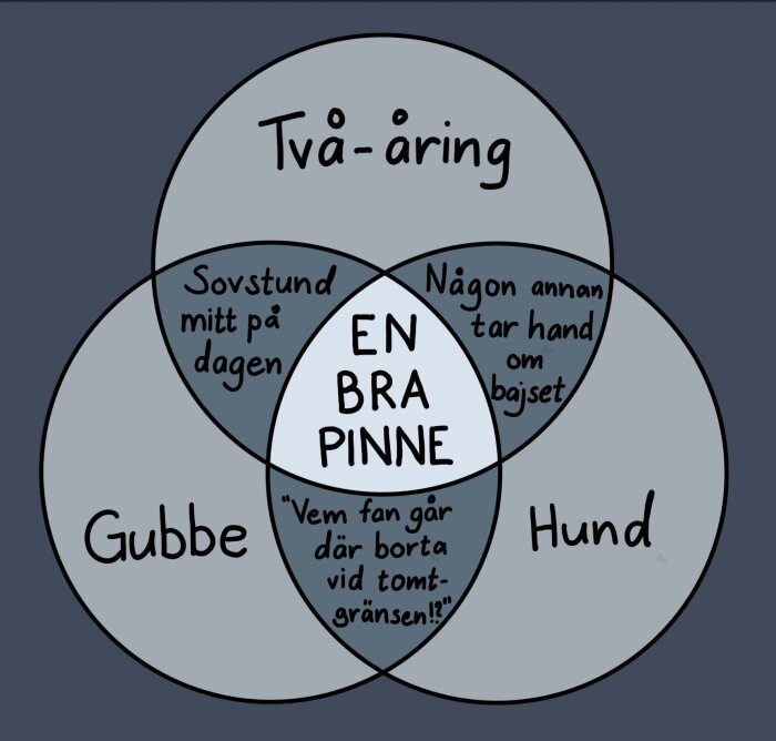 Venn-diagram med rubriker "Två-åring", "Gubbe", "Hund" där mitten säger "En bra pinne". Texter: sovstund, någon annan tar hand om bajset.