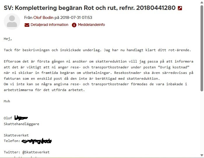 Skärmdump av ett e-postmeddelande från Skatteverket som handlar om komplettering av Rot och rut, med detaljer om resekostnader och skattereduktion.