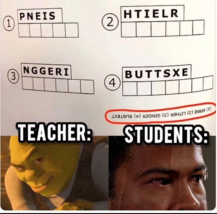 Ett skoluppgift med blandade bokstäver, svår att lösa. Läraren är nöjd medan en elev svettas.