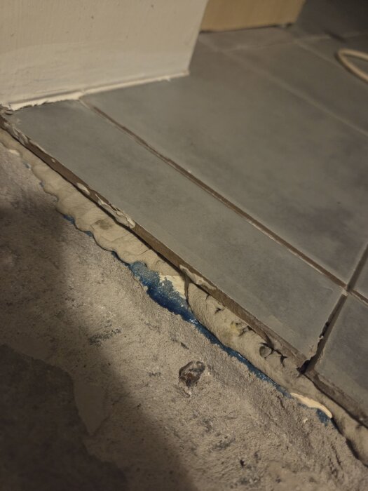 Blåmålat tätskikt synligt under klinkers vid dörrtröskel, där golvlisten har tagits bort och visar en skadad yta i badrummet.