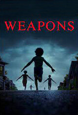Ungdomar springer på en gata i mörkret, med ordet "WEAPONS" i rött ovanpå.