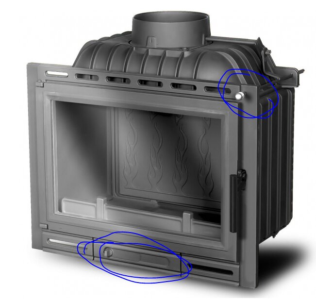 Spis med två markerade spjäll, ett på asklådan och ett på höger sida, för att justera lufttillförsel och utlopp.