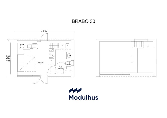 Planskiss över modulhusmodell "Brabo 30" med allrum, kök, WC/dusch och möblering, från Modulhus.