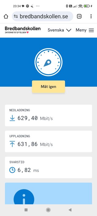 Internet speed test results from bredbandskollen.se showing download speed of 629.40 Mbit/s, upload speed of 631.86 Mbit/s, and latency of 6.82 ms.