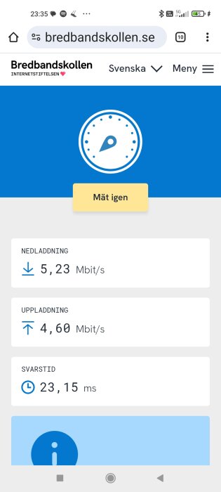 Hastighetstest från Bredbandskollen visar nedladdning 5,23 Mbit/s, uppladdning 4,60 Mbit/s och svarstid 23,15 ms.