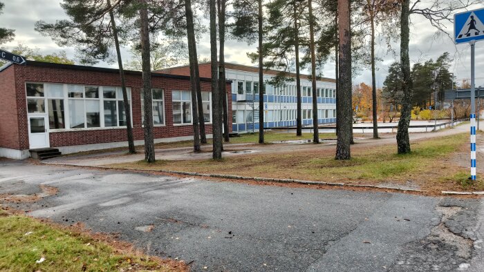 Tegelbyggnad med stora fönster och träd i förgrunden, en asfalterad väg leder förbi området.