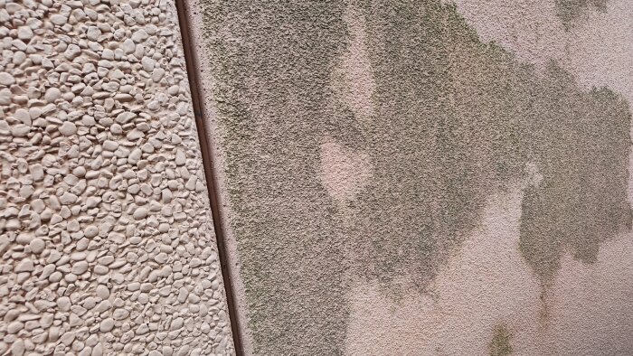 Närbild av en vägg med olika texturer, inklusive en grov, småstenliknande yta och en slätare del med tecken på mögel eller smuts.
